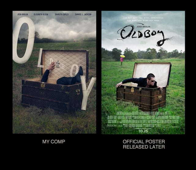 Left: Juan Luis Garcia's initial design for a poster for Spike Lee's "Oldboy"; right: a final poster for the film (via juanluisgarcia.com)