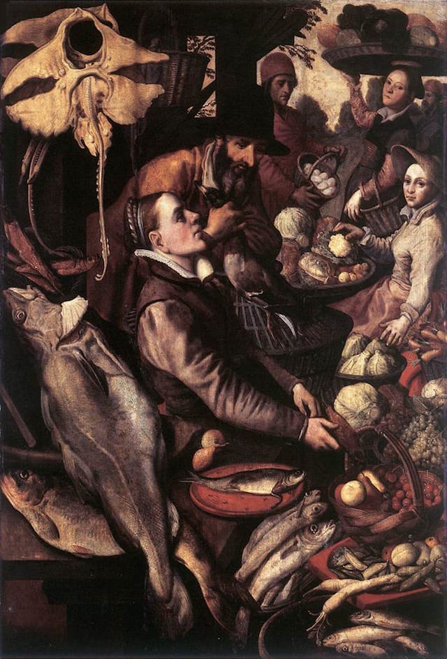 Pieter Aertsen, "Market Scene" (n.d.). Oil on oak, 127 x 85 cm. Wallraf-Richartz-Museum, Cologne. (Image via Web Gallery of Art) 