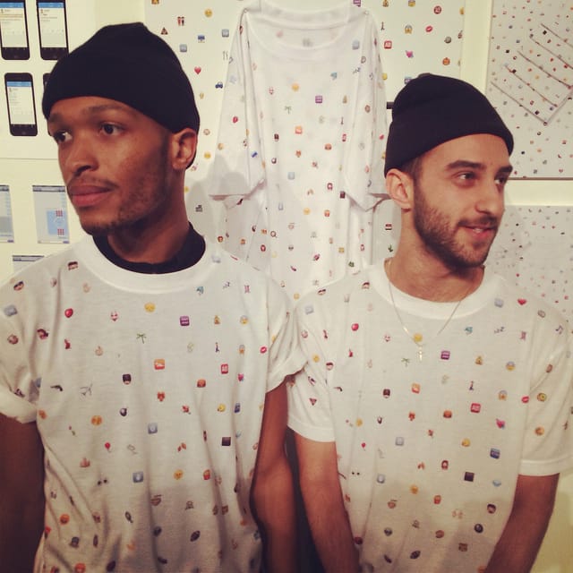 Antwaun Sargent  and Fahad Al-Hunaif rocking their KTHANKSBYE tshirts at the Emoji Art Show (all photos by the author for Hyperallergic)