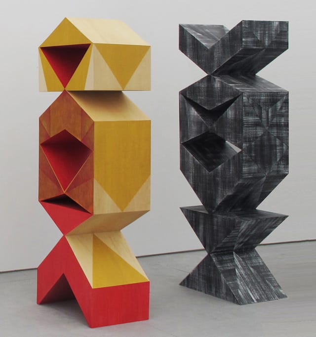 Rachel Beach, "Buttress" (2013), oil and chalk pastel on plywood, 77 1/2 x 24 x 18 in. and "Husk" (2013), oil and acrylic on plywood, 78 x 24 x 18 in. (image courtesy the Artist and Blackston Gallery, New York)