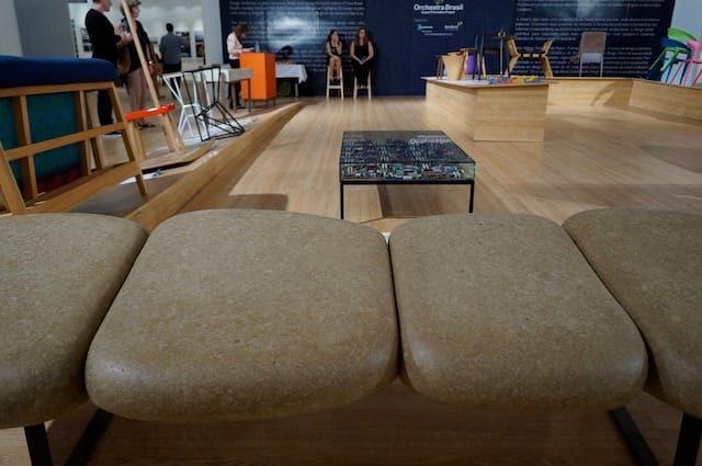 Domingos Tótora’s Banco Solo bench (detail), with Luiz Pedrazzi’s Imaginary City I in the background