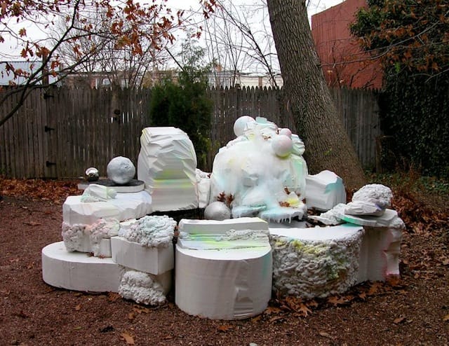 Sabina Ott, "pleasure for the poor," (2013). Styrofoam, plastic, pump, glitter, spray enamel, water. 52" x 110" x 100".