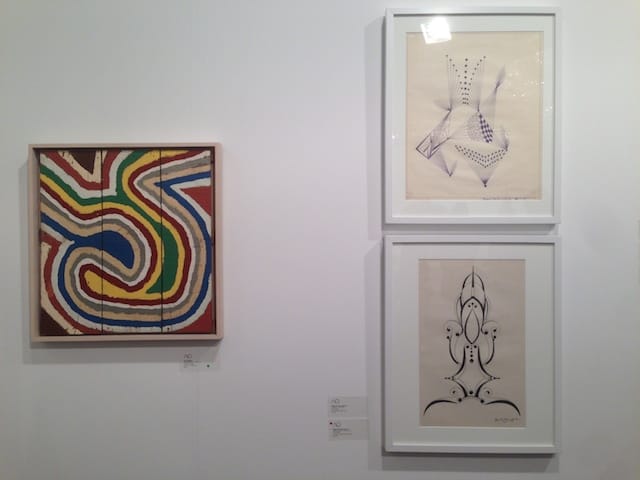 Left: Emery Blagdon, "Untitled (EMB 9)" (c. 1955-86), right: untitled works by Eugene Von Bruenchenhein (top, 1965; bottom, 1969) at Adams and Ollman