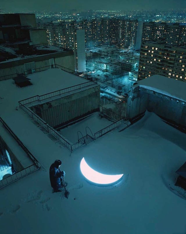 "Private Moon" on a snowy Russian roof