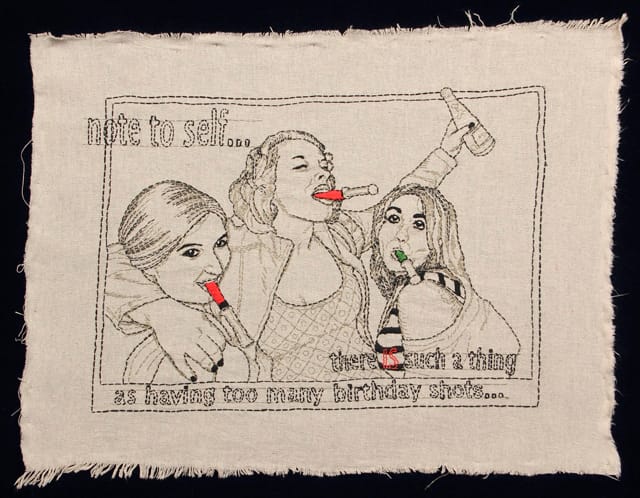 Kathy Halper, "Note to Self" (2012). Hand embroidery on linen 26” x 32”.