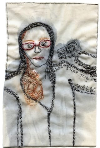 Iviva Olenick, “IRL/URL” (2013), embroidery and watercolor on fabric, 7.5″ x 4.5″ (image courtesy the artist) (click to enlarge)