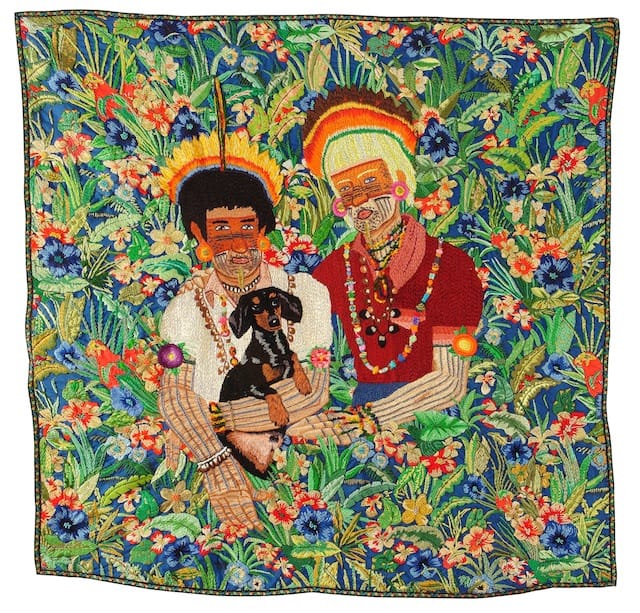 Chiachio & Giannone, "Familia Guaraní," (2009). Hand embroidery with cotton threads, jewelry threads and rayon on fabric, 51 x 48 in. Courtesy of artist. Photo credit: Daniel Kiblisky.