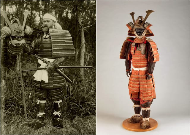 Bashford Dean in 1900 wearing Japanese armor; the Japanese Edo period armor now in the collection of the Metropolitan Museum of Art (courtesy Metropolitan Museum of Art)