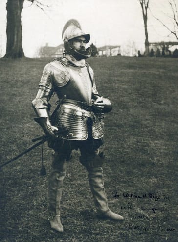 Bashford Dean in 1575 Italian infantry armor, in Riverdale, New York, 1920 (courtesy Metropolitan Museum of Art)