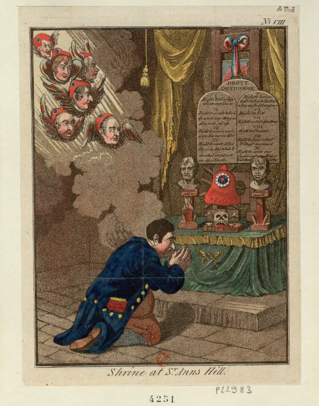 Praying to the shrine at St. Anns Hill, illustrated by James Gillray (1798) (via French Revolution Digital Archive)