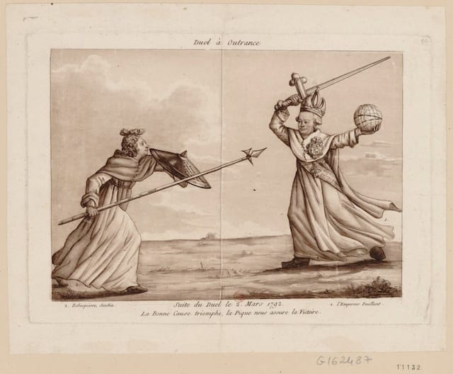 A caricture showing a duel between Robespierre and the moderates (1792) (via French Revolution Digital Archive)