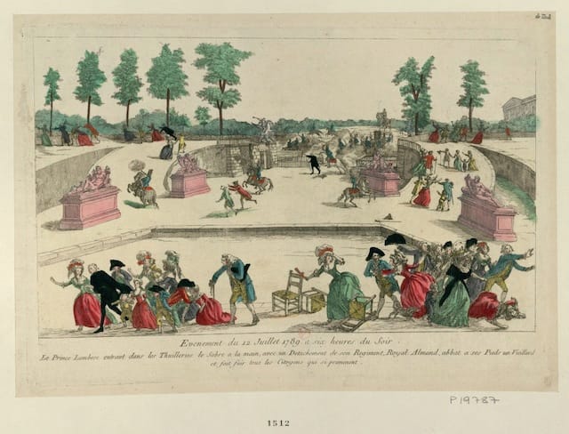 An illustrion of when Prince Lambesc enter the Jardin des Tuileries with a sword and part of his royal regiment on July 12, 1789 (via French Revolution Digital Archive)