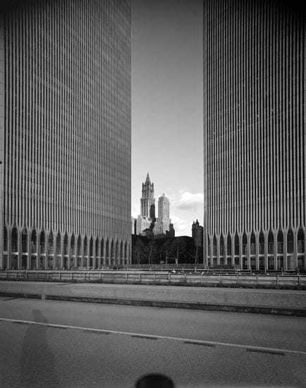 Edmund V. Gillon, [Looking northeast from the base of the Twin Towers of the World Trade Center.] (c. 1977), polyester negative, 5 x 4 in