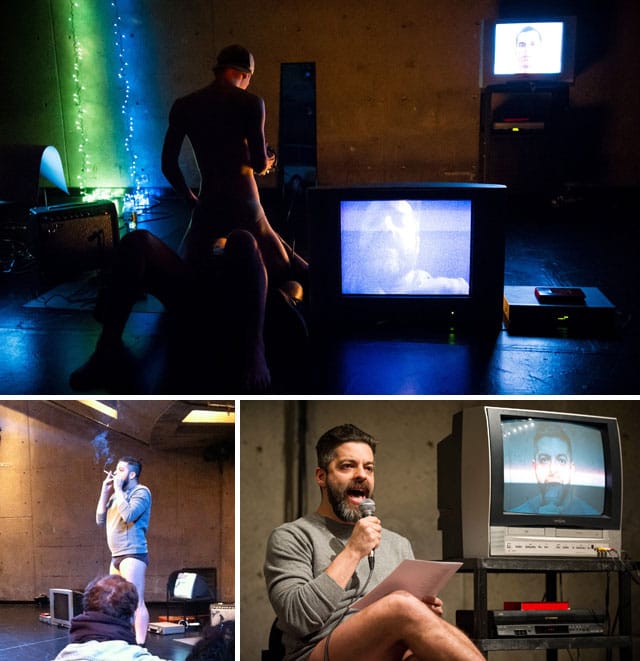 Top: Miguel Gutierrez and Conor Voss performing "myendlesslove" (photo by Bylan Douglas); bottom: Miguel Gutierrez in "myendlesslove" (left photo by the author for Hyperallergic, right photo by Bylan Douglas)