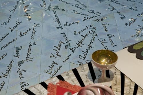 Judy Chicago (American, b. 1939). The Dinner Party (Heritage Floor; detail), 1974–79. Porcelain with rainbow and gold luster, 48 x 48 x 48 ft. (14.6 x 14.6 x 14.6 m). Brooklyn Museum, Gift of the Elizabeth A. Sackler Foundation, 2002.10. © Judy Chicago. Photograph by Jook Leung Photography (via Brooklyn Museum)