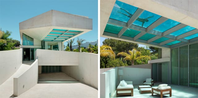 A rooftop swimming pool with a glass floor cantilevers out beside the entrance to this house in Marbella, Spain, by Dutch office Wiel Arets Architects (via Dezeen)