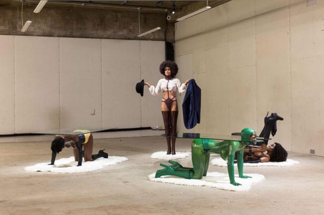 Installation view of Bjarne Melgaard's Allen Jones tribute pieces at Venus Over Manhattan last spring (via venusovermanhattan.com)