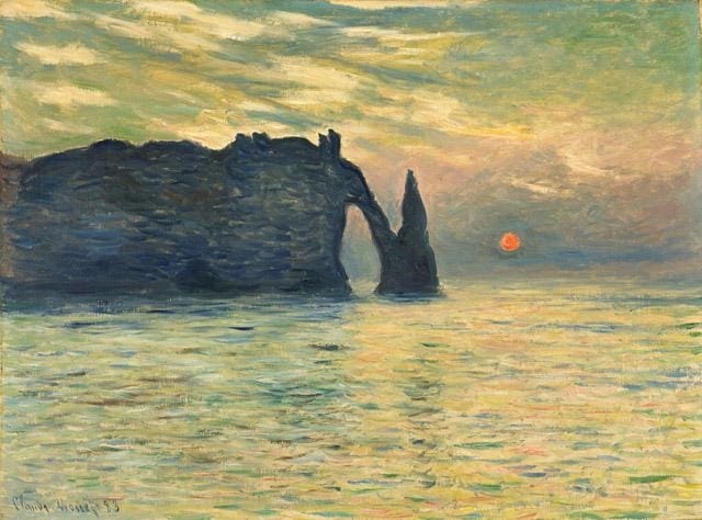 Claude Monet, "The Cliff, Étretat, Sunset" (1882–83), oil on canvas, 23 13/16 x 32 3/16 in (via collection.ncartmuseum.org)