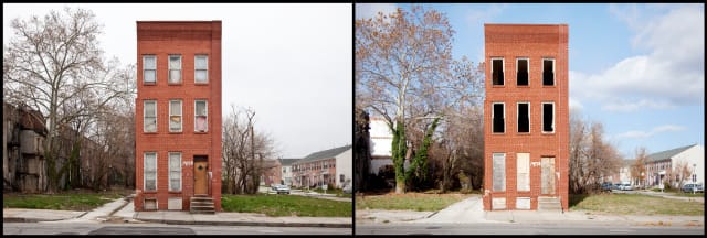 The decay of a red brick row house in Baltimore