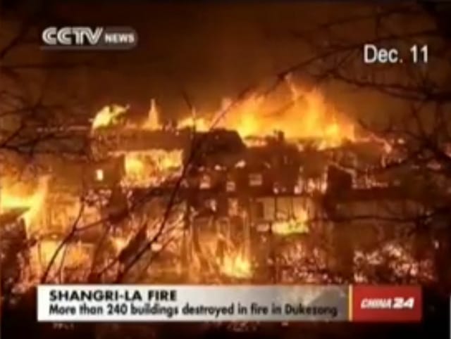 A screenshot of a CCTV report on the fire in Dukezong (Shangri-La) posted on the South China Morning Post website. (via scmp.com)