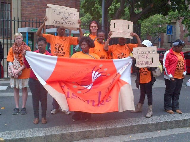 Protesters outside the courthouse where Zwelethu Mthethwa appeared on Nov. 25 (via SWEAT on Facebook)