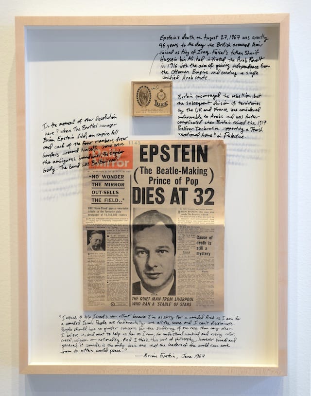 Michael Rakowitz, "The Collapse" (2014). Luxe Iraqi cigarette box (full), 1932; Daily Mirror newspaper, August 28, 1967, 29.25 x 22 inches, framed.