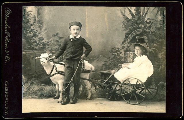 Children with a live goat and a garden backdrop (via George Eastman House)