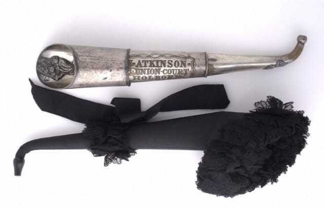 Two Victorian ear trumpets, one dressed for mourning (19th century)