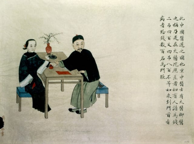 Zhao Pei Qun, watercolor of a doctor feeling the pulse of a patient 