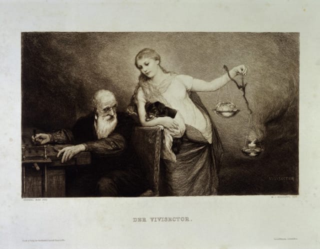 The vivisector asked to choose between head and heart. Photogravure, 1886, after an etching by M.J. Holzapfl after a painting by Gabriel von Max (1883) 
