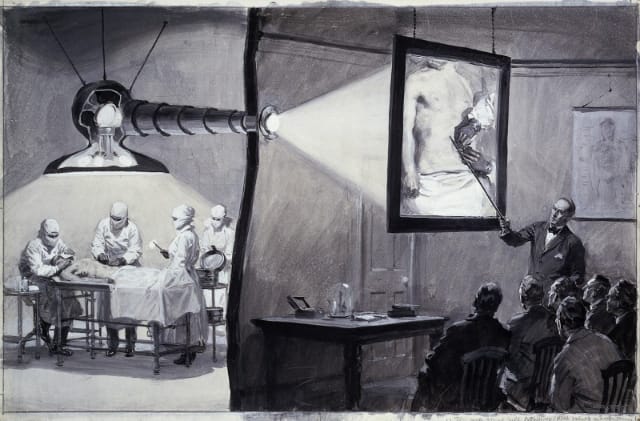 W.R. Seton, "A periscope being used above an operation which is projected onto a lantern screen for a lecture in the adjoining room," gouache painting