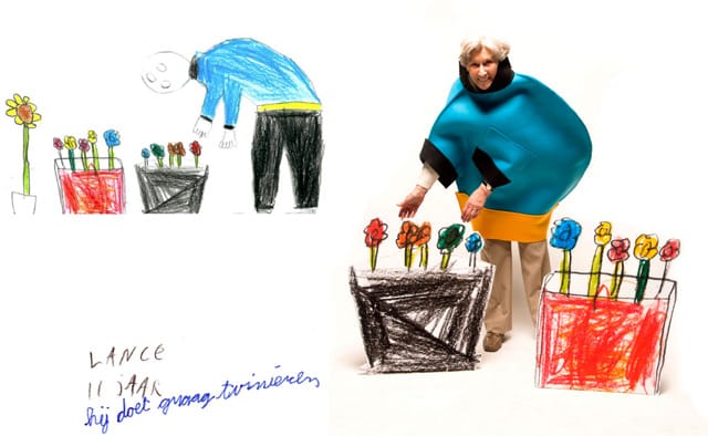 One of Yoni Lefévre works with the child's drawing on the left and the recreation on the right. (via yonilefevre.com)