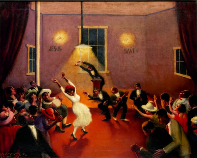 Archibald J. Motley Jr., Tongues (Holy Rollers), 1929. Oil on canvas, 29.25 x 36.125 inches (74.3 x 91.8 cm). Collection of Mara Motley, MD, and Valerie Gerrard Browne. Image courtesy of the Chicago History Museum, Chicago, Illinois. © Valerie Gerrard Browne.