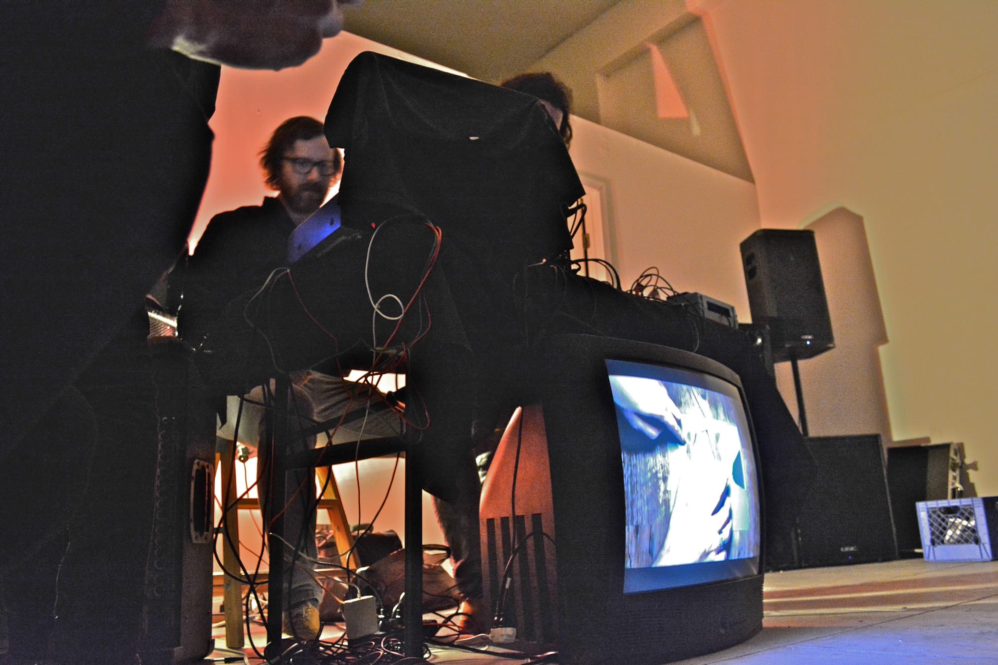 Composer John Wiese performing as part of Anti-Civilization Mask at Mata Noise (all photos by the author for Hyperallergic)