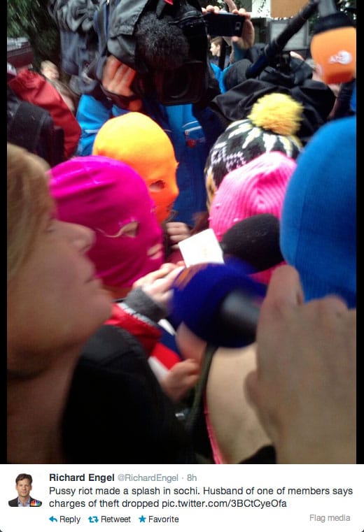 NBC News TK Richard Engel tweeted this photo of Pussy Riot speaking to journalists after their release in Sochi. (photo by Richard Engel, via Twitter)