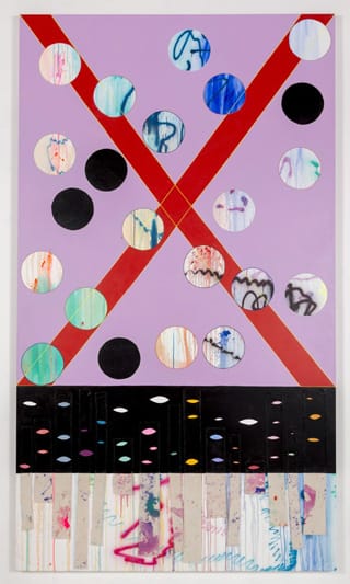 Sarah Cain, "Kiss" (2013), acrylic, beads, and string on canvas, 126 x 72 inches (320 x 182.9 cm)