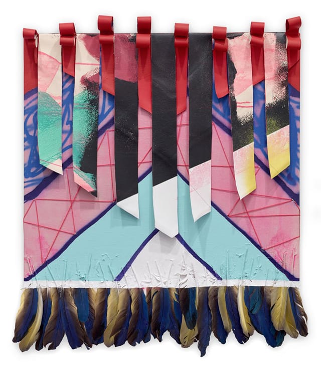 Sarah Cain, "Untitled (ribbon weave)" (2014), feathers, string, acrylic on canvas, 33 x 26 inches (83.8 x 66 cm) (all images courtesy Galerie Lelong)