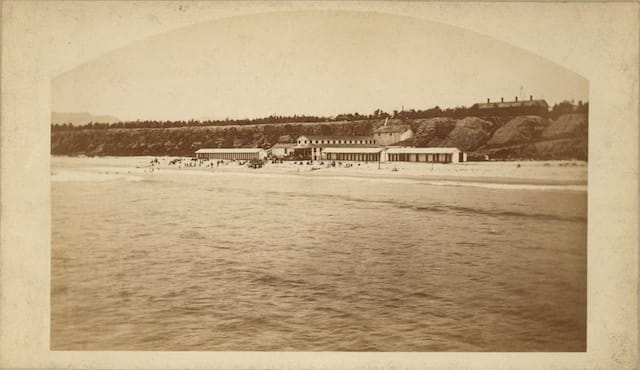 Carleton Watkins (1829–1916), Beach and Bathing House at Santa Monica, ca. 1877.&nbsp;Albumen print, &nbsp; Ernest Marquez Collection. The Huntington Library, Art Collections, and Botanical Gardens.