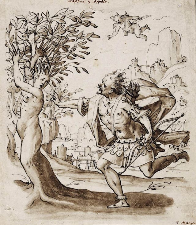 Christoph Urer, "Apollo and Daphne" (c.1580). Pen and black ink with brown washes on cream paper, 218 x 190 mm. Crocker Art Museum, Sacramento. (Image via Web Gallery of Art)