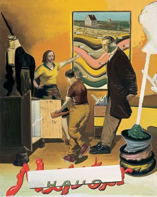 Neo Rauch, "Hausmeister" (2002), oil on canvas, 94 x 78.5 in (courtesy the artist, Galerie EIGEN + ART Leipzig / Berlin, and David Zwirner, New York / London, private collection) (click to enlarge)
