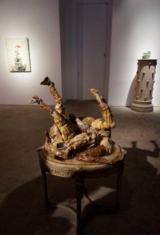 Installation view, "Allison Schulnik: Eager" at ZieherSmith, with "Boneless Horse" (2013), glazed ceramic, 22 x 25 x 24 in, in the foreground (click to enlarge)