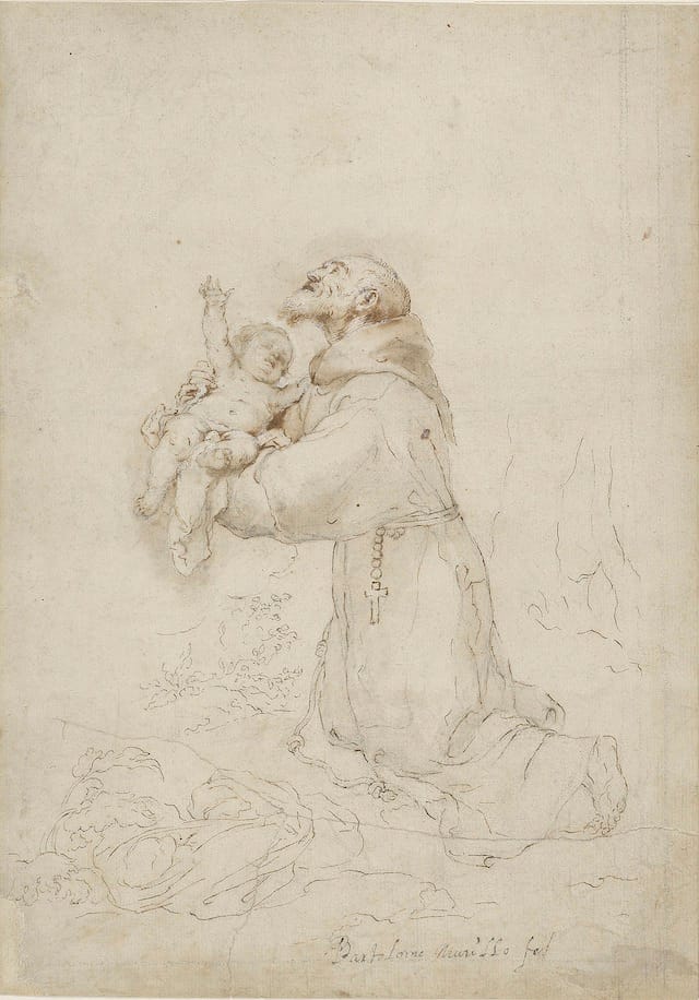 Bartolomé Esteban Murillo (1617–1682) St. Felix of Cantalicio Holding the Christ Child, ca. 1665–69 Brown ink and wash, with opaque lead white, over black chalk The Morgan Library & Museum, New York; I, 110 Purchased by Pierpont Morgan, 1909 Photography: Graham S. Haber