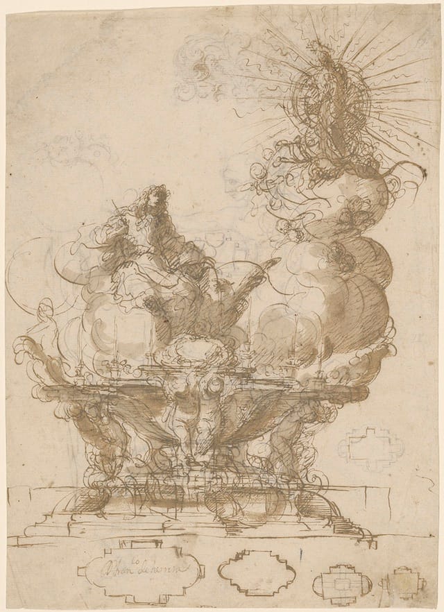 Francisco de Herrera the Younger (1627–1685) Design for a Processional Sculpture of the Vision of St. John on Patmos, with Five Variant Plans, 1660–71 Brown ink and wash, over black chalk The Morgan Library & Museum, New York; 1960.12 Purchased as the gift of Walter C. Baker, 1960 Photography: Graham S. Haber