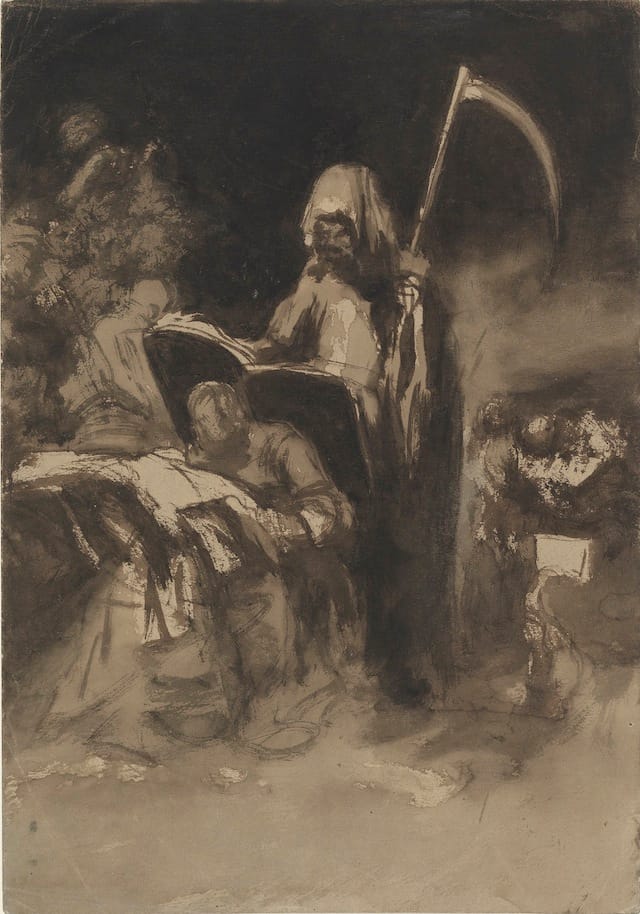 Eugenio Lucas (1817–1870) Death Reading from a Human Lectern, Congregation in Background, ca. 1850 Black chalk and brown wash The Morgan Library & Museum, New York; I, 111c Purchased by Pierpont Morgan, 1909 Photography: Graham S. Haber