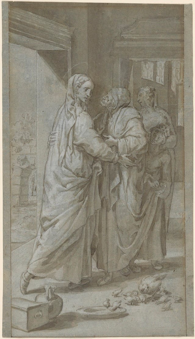 Pedro de Campaña (1503–ca. 1580) The Visitation, 1557–62 Brown ink and wash, lead white chalk, over black chalk, on blue paper The Morgan Library & Museum, New York; 2007.76 Purchased on the Edwin H. Herzog Fund and as the gift of Hubert and Mireille Goldschmidt, 2007 Photography: Graham S. Haber