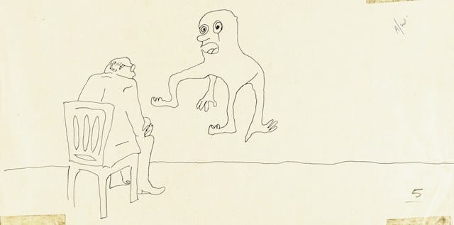 9156 seated man confronted by a floating creature