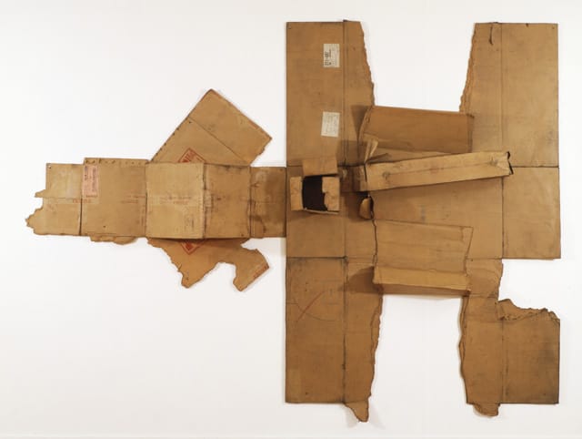 Robert Rauschenberg, "Bande de Sureté / Twin City / Nipples (Cardboard)" (1971), cardboard, 101 in x 134.5 in x 13.75 in SALE Metropolitan Museum of Art, New York. Gift of Robert Rauschenberg Foundation, and Purchase, Lila Acheson Wallace Gift; Gift of Mr. and Mrs. Arthur Wiesenberger, Bequest of Chester Dale, Gift of The A.L. Levine Family Foundation, Fletcher Fund, and Gift of The Glickstein Foundation, by exchange; Mrs. Sid R. Bass Gift; Gifts of Mala Rubinstein Silson, Mrs. Edward Bruce, and Hyman N. Glickstein, by exchange; Harriett Ames Charitable Trust and Molly and Walter Bareiss Gifts; Gift of Mrs. Richard Rodgers, by exchange; and Funds from various donors, 2013)