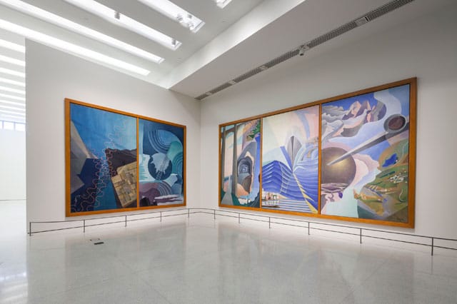 Installation view, "Italian Futurism," showing Benedetta (Cappa Marinetti), "Synthesis of Aerial Communications" (Sintesi delle comunicazioni aeree) (1933–34), tempera and encaustic on canvas, 324.5 x 199 cm (Il Palazzo delle Poste di Palermo, Sicily, Poste Italiane) (photo by Kris McKay) (© SRGF)