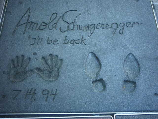 Schwarzenegger's hand and foot-prints pre-internet selfies in front of Grauman's Chinese Theater. Image via Wikipedia.