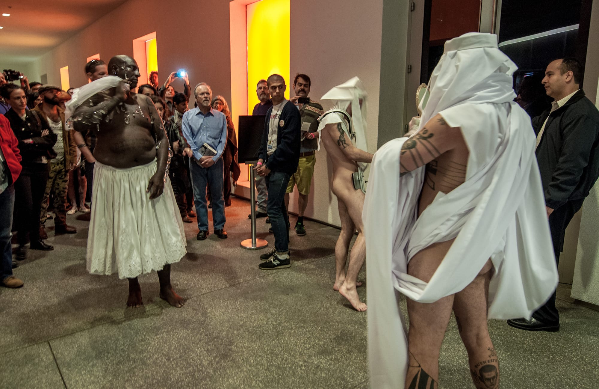 Divinity Fudge, Sage Charles, Jon John (left to right) perform in "Sebastiane," Hammer Museum, Los Angeles
